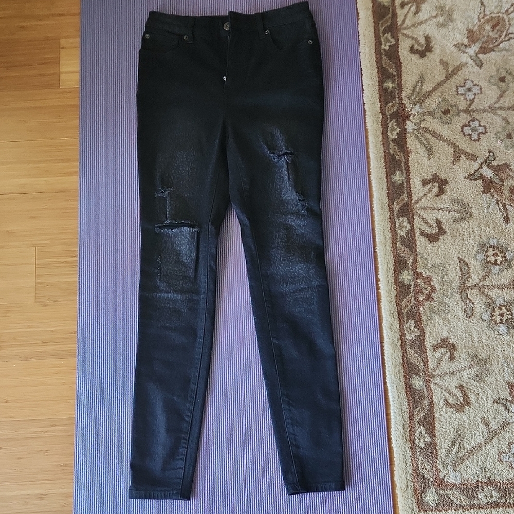 INC Denim Core Denim Skinny Black Leopard Print Ripped Jeans 6/28 NWT